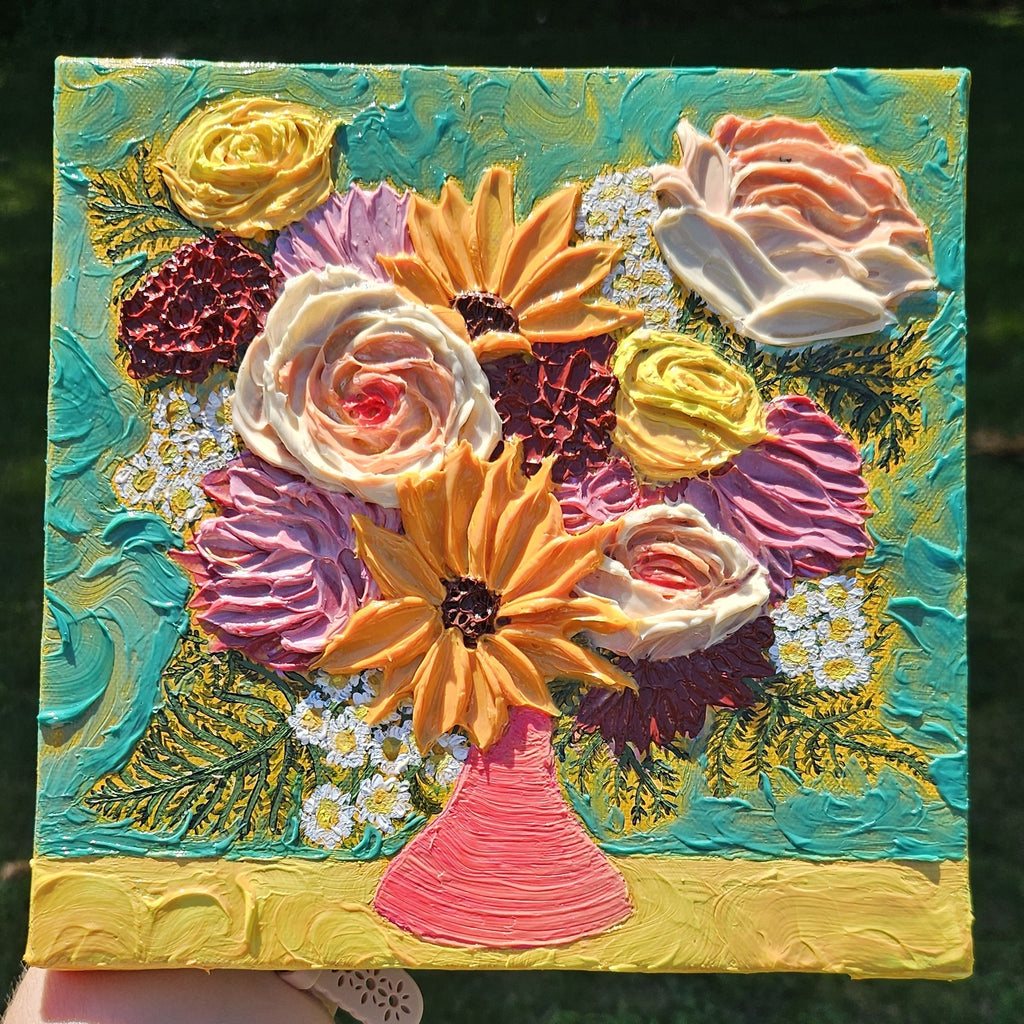 Painting of a pink, yellow, and purple bouquet