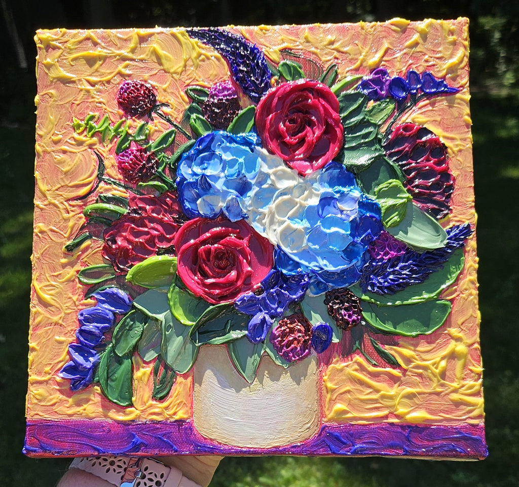 Painting of a blue, red, and purple bouquet