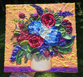 Painting of a blue, red, and purple bouquet