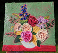 Painting of a pink, red, and blue bouquet