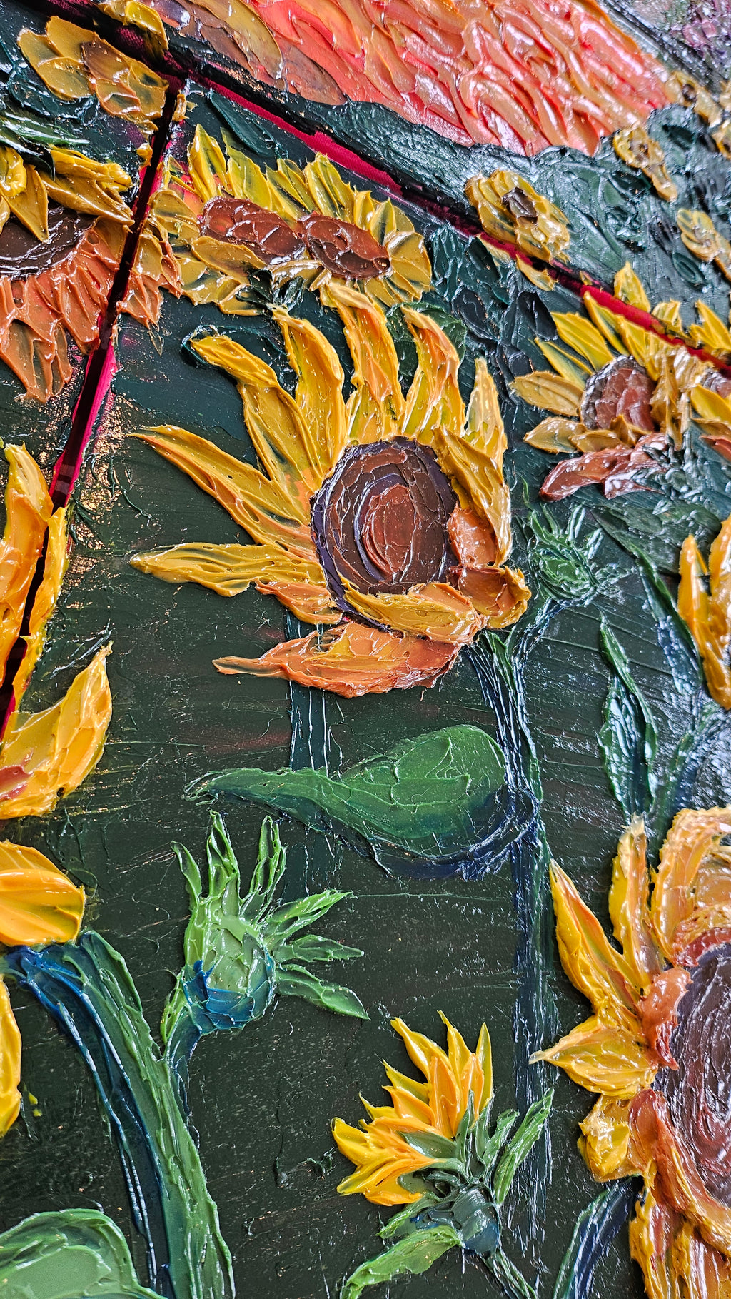 Painting of a field of sunflowers during a thunderstorm