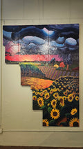 Painting of a field of sunflowers during a thunderstorm