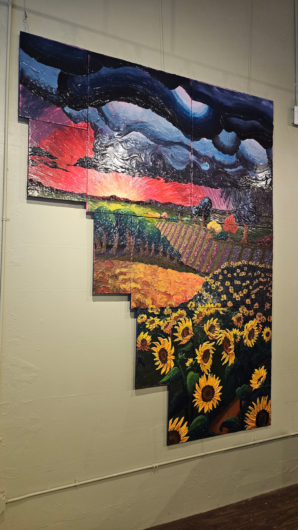 Painting of a field of sunflowers during a thunderstorm