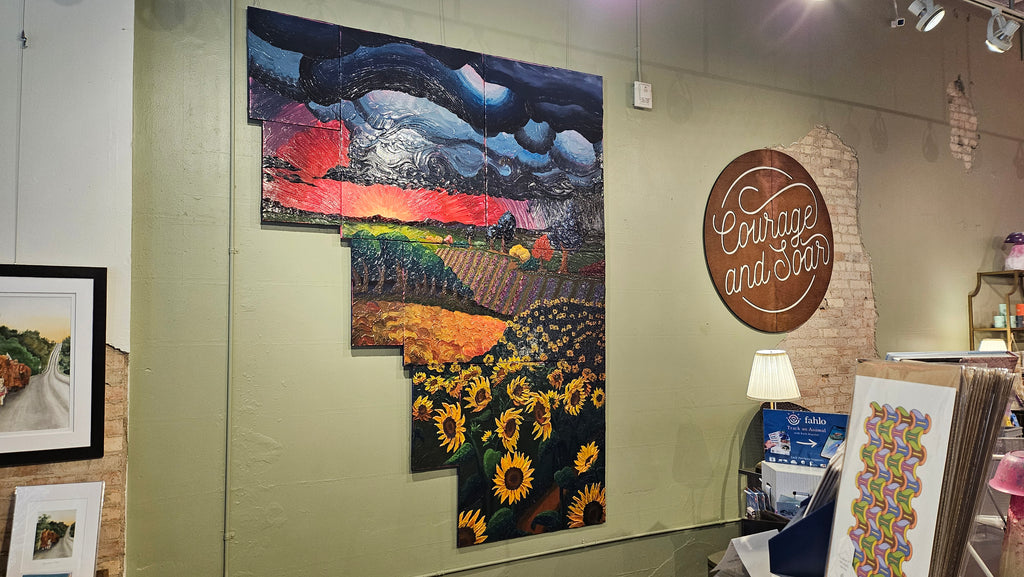 Painting of a field of sunflowers during a thunderstorm