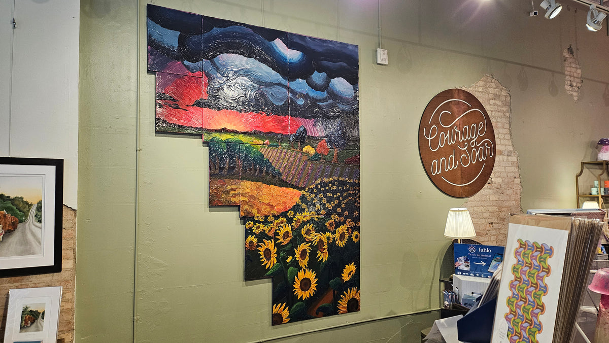Painting of a field of sunflowers during a thunderstorm