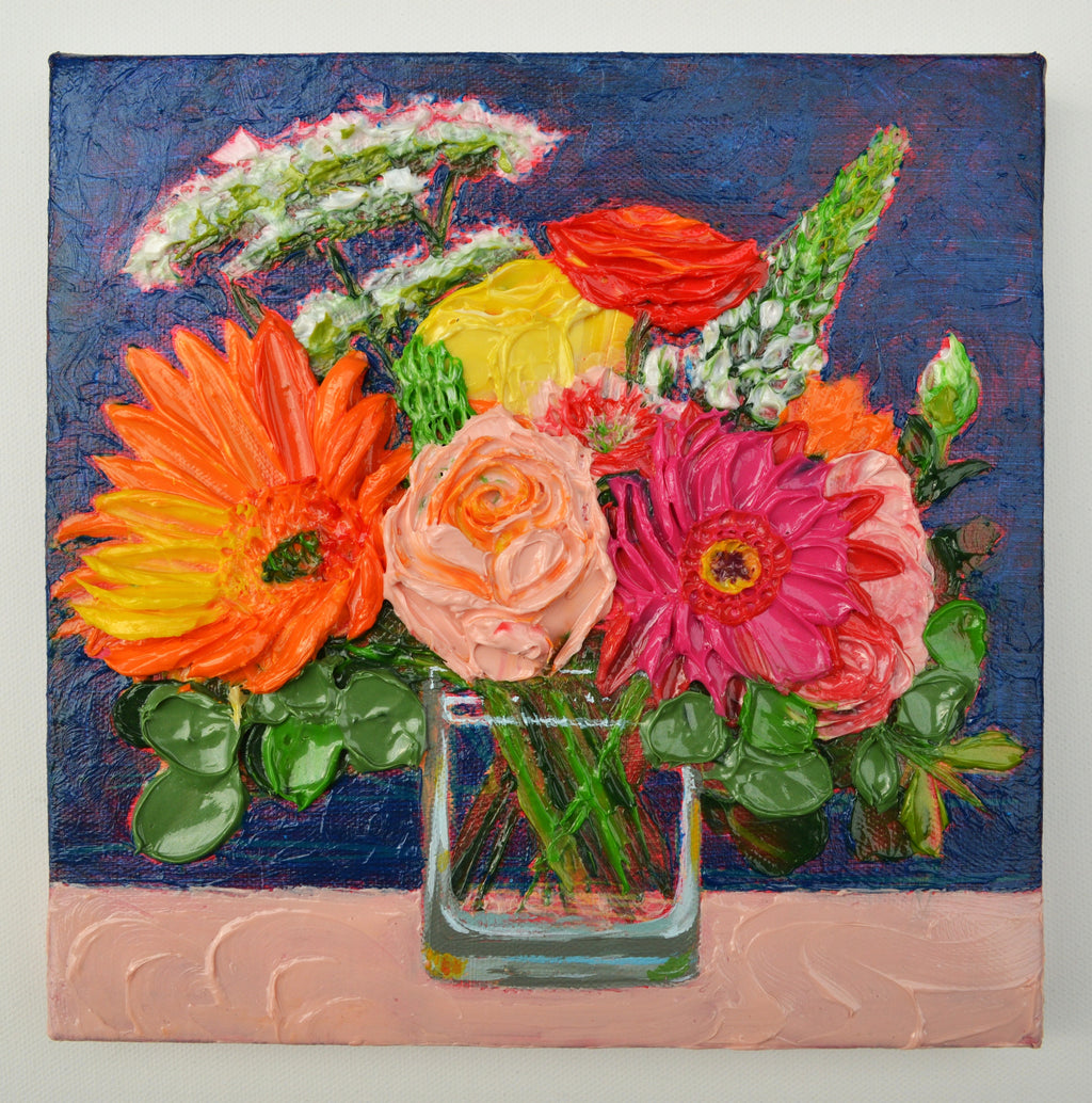 Painting of an orange and pink bouquet