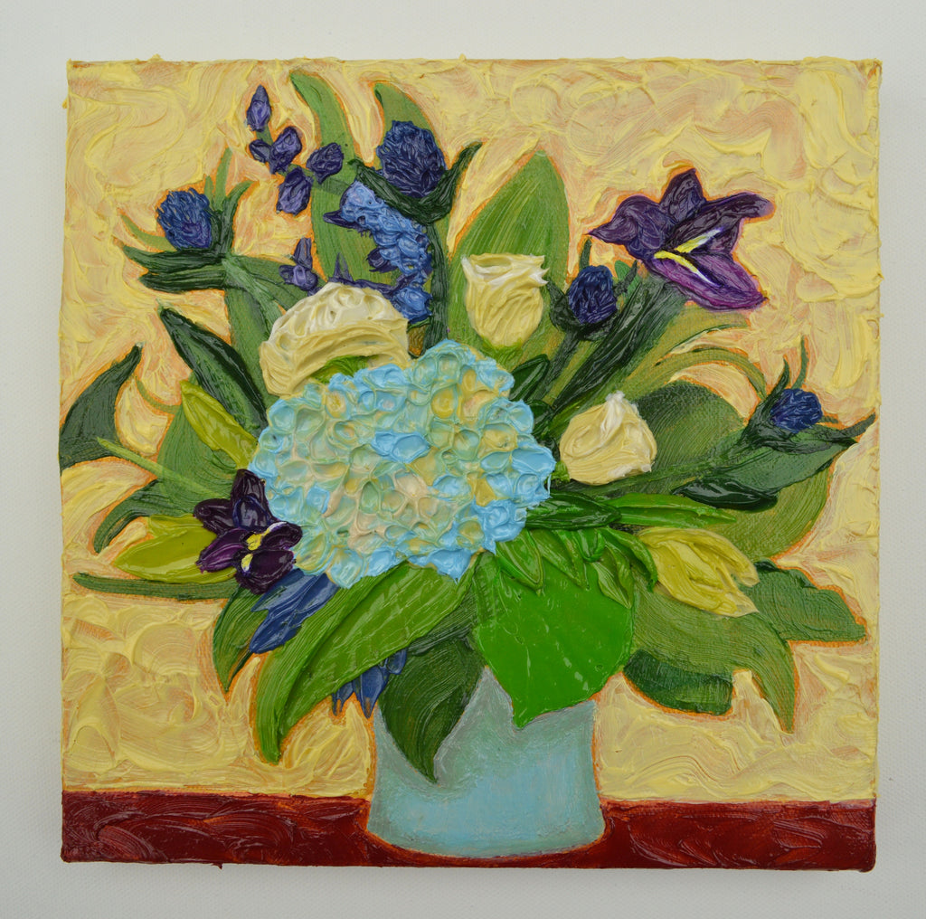 Painting of a blue and purple bouquet