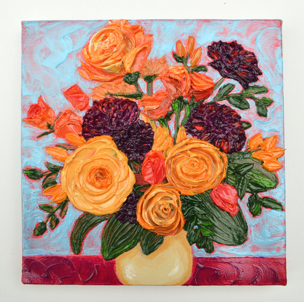 Painting of an orange, yellow, and purple bouquet