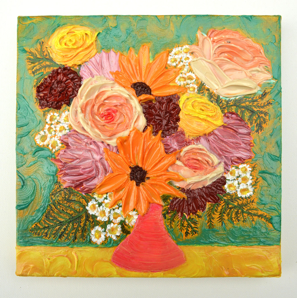 Painting of a pink, yellow, and purple bouquet