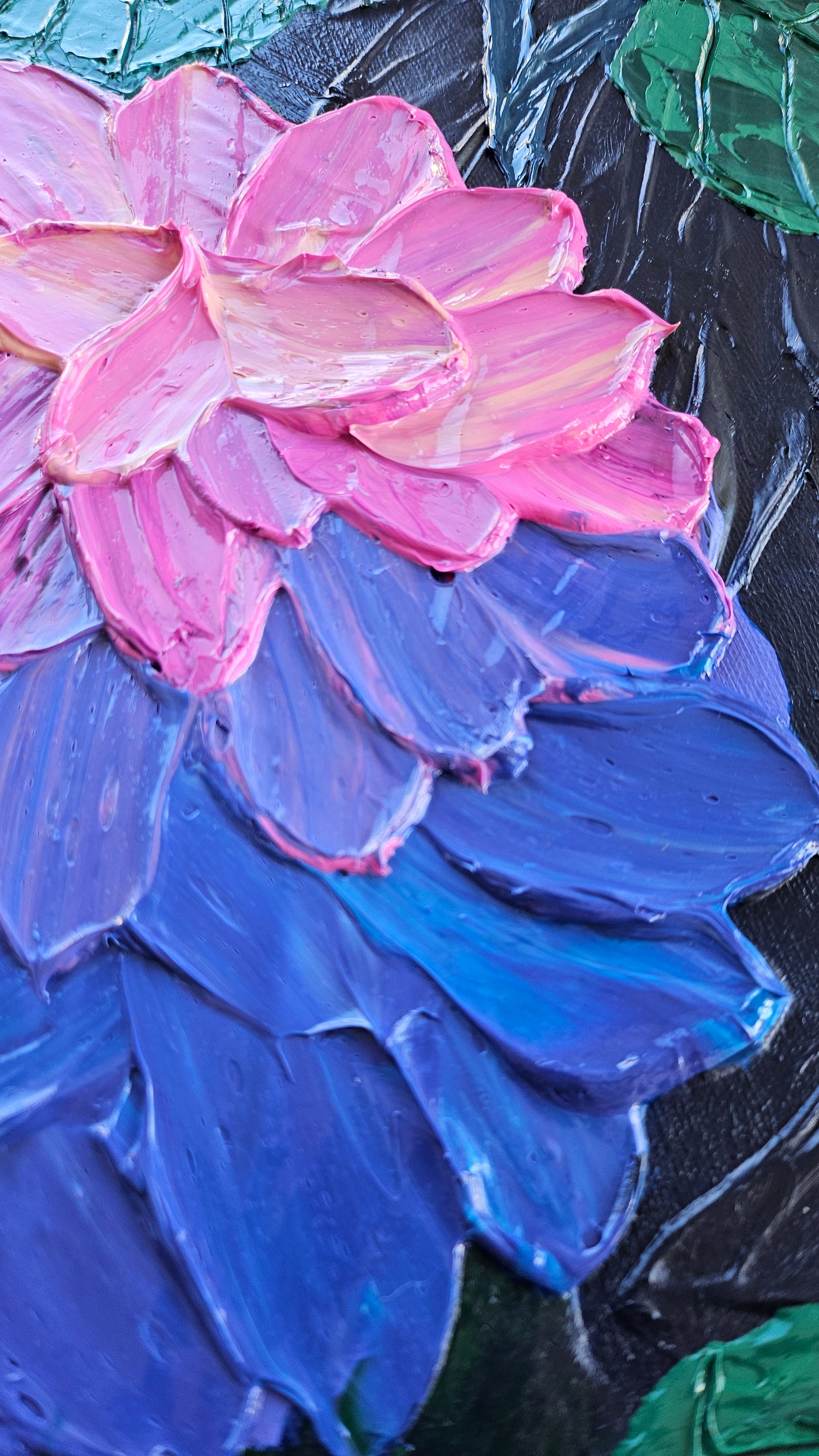 Close-up of a pink and blue flower painting with textured brushstrokes.