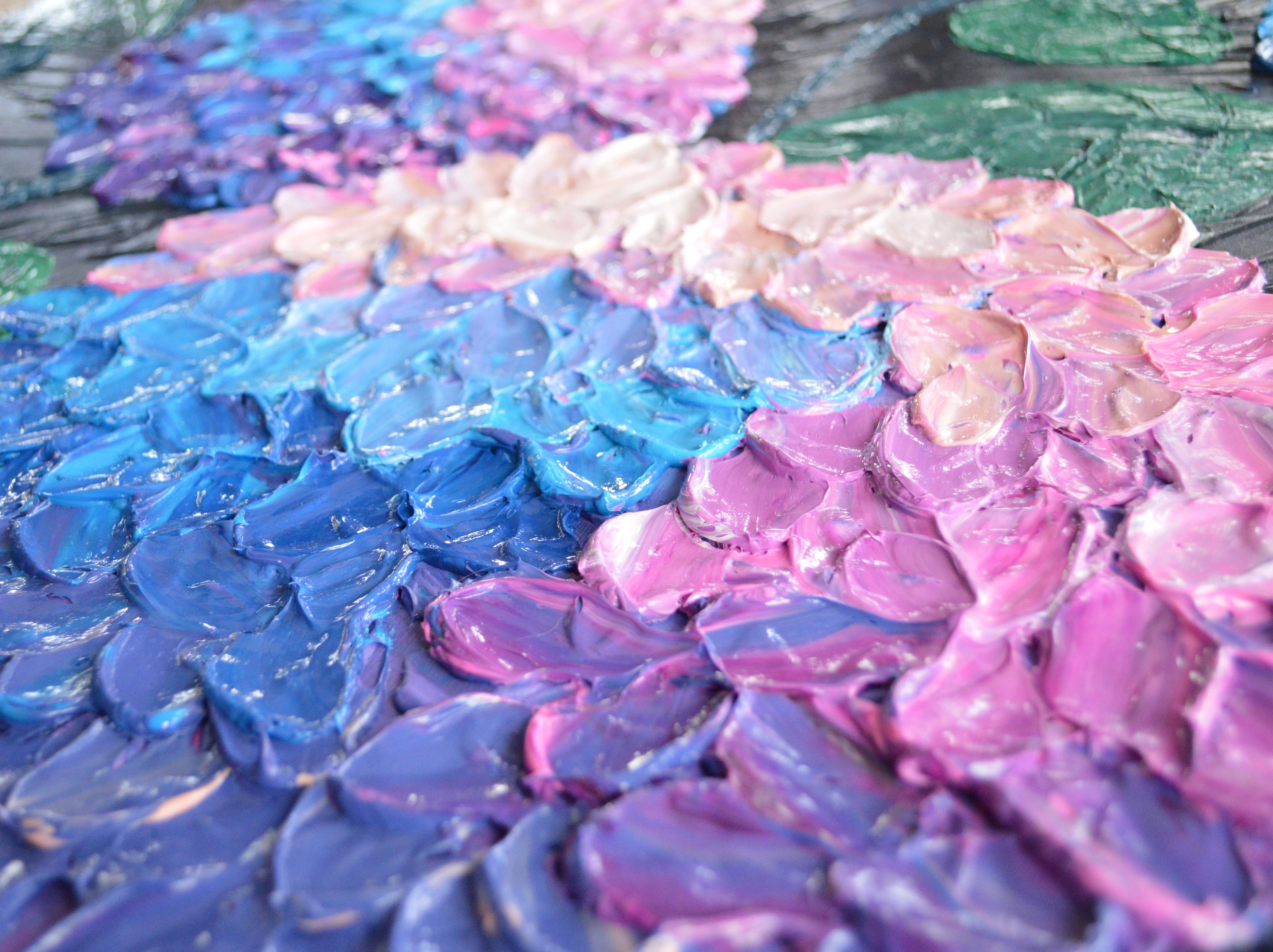 Close-up of blue and pink textured hydrangea petals.